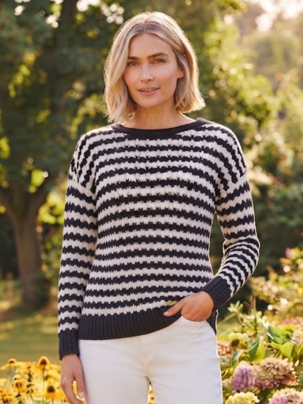 LOFT Navy andWhite Striped Crewneck Sweater